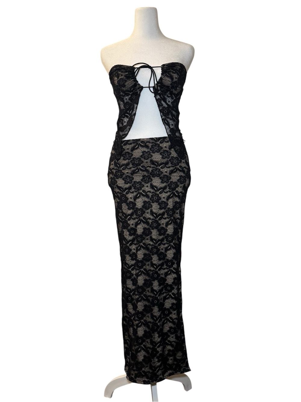 Black Floral Lace Two Piece Maxi Skirt & Top Matching Set